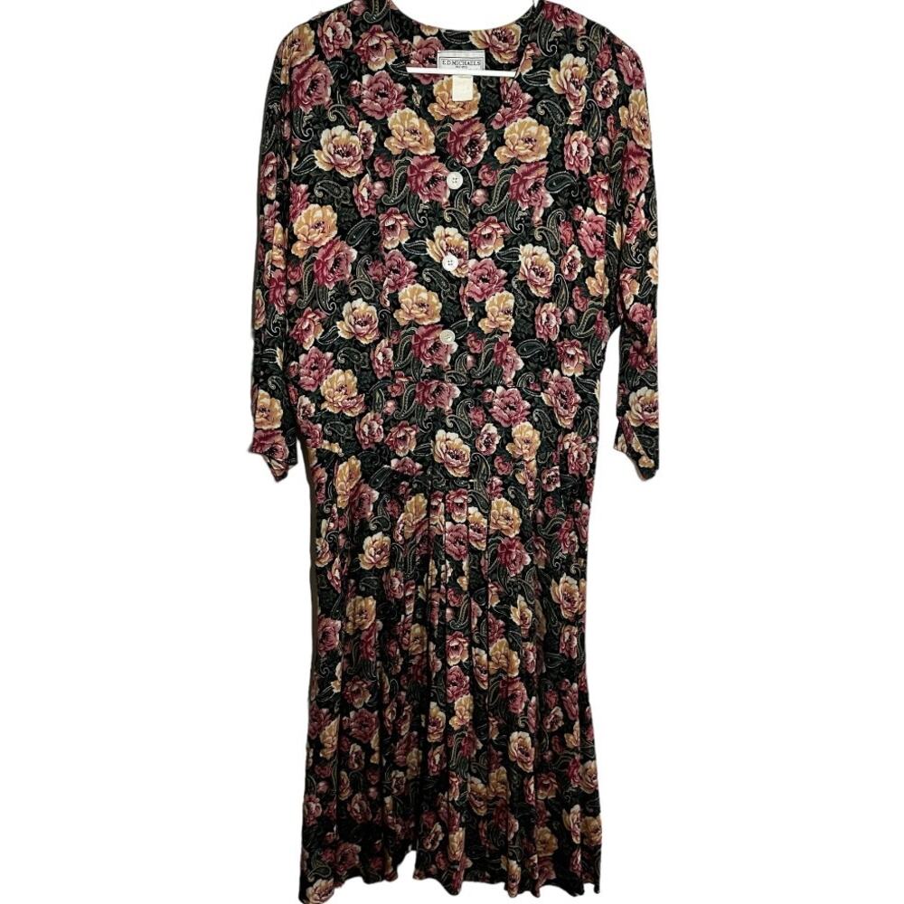 Vintage ED Michaels Midi Dress Shift 80s 3/4 Sleeves Pleated Floral Black 13-14P